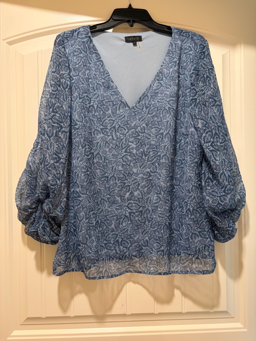 1. State Dusty Blue Floral V-Neck Balloon Sleeve Blouse